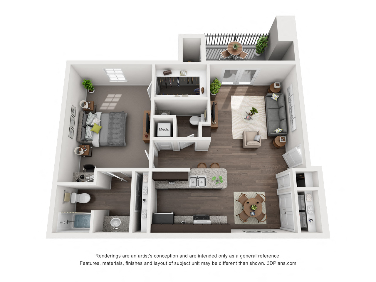 Floor plan for 1 bed, 1.5 baths, 838 sqft